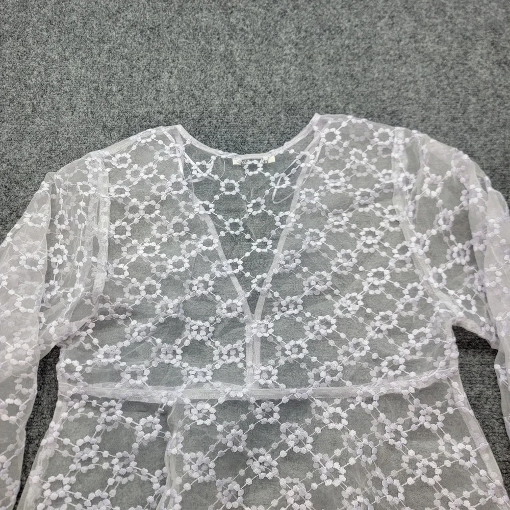 Zara Lavender Floral Lace Sheer V-Neck Peplum Blouse Balloon Sleeve Small